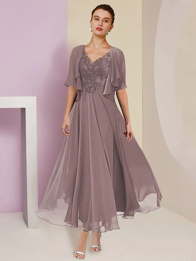 A-Line/Princess V-Neck Tea-Length Mother of the Bride Dresses - Image 3