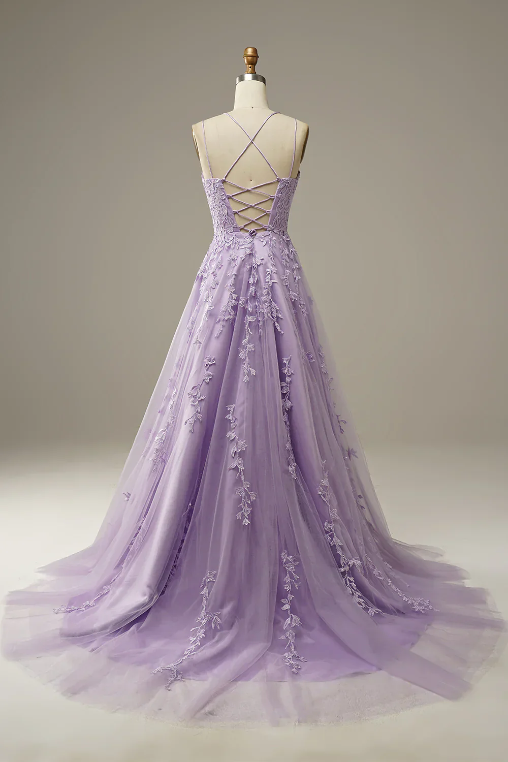 A-Line Purple Spaghetti Straps Long Prom Dress with Appliques - Image 2