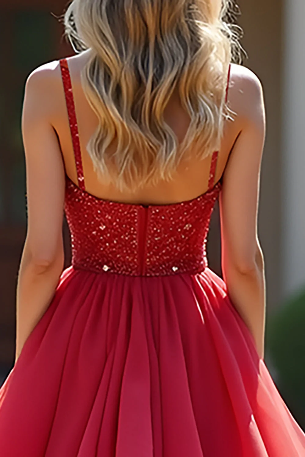 A Line Red Ruffled Tiered Long Prom Dress with Beading - Image 5