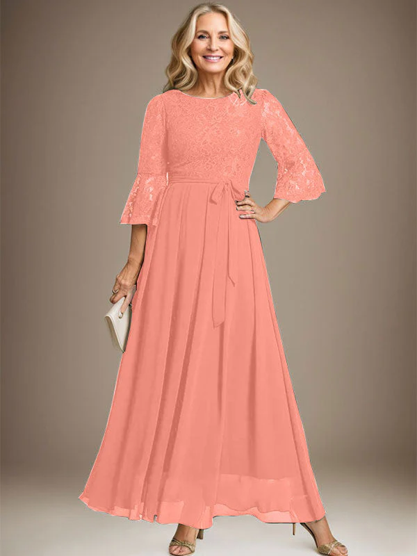 A-line Scoop Ankle-Length Lace Chiffon Mother of the Bride Dress With Bow - Image 15