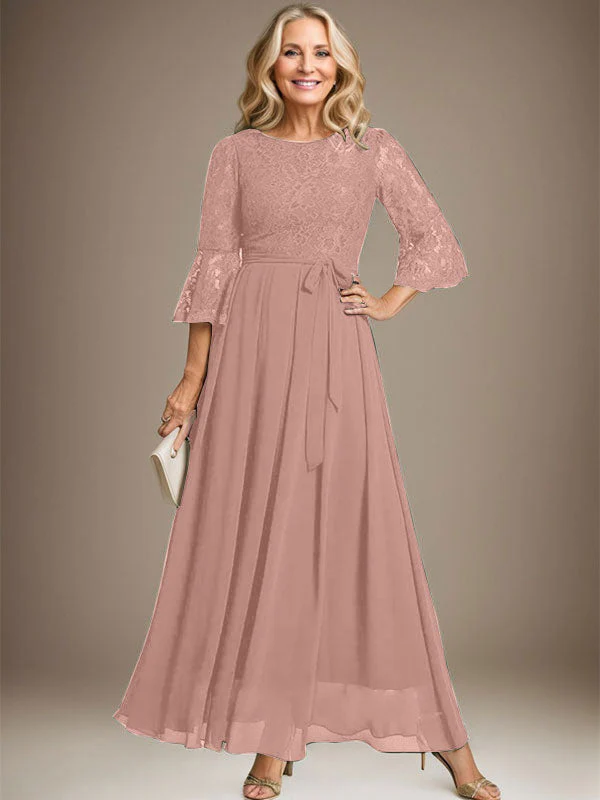 A-line Scoop Ankle-Length Lace Chiffon Mother of the Bride Dress With Bow - Image 16