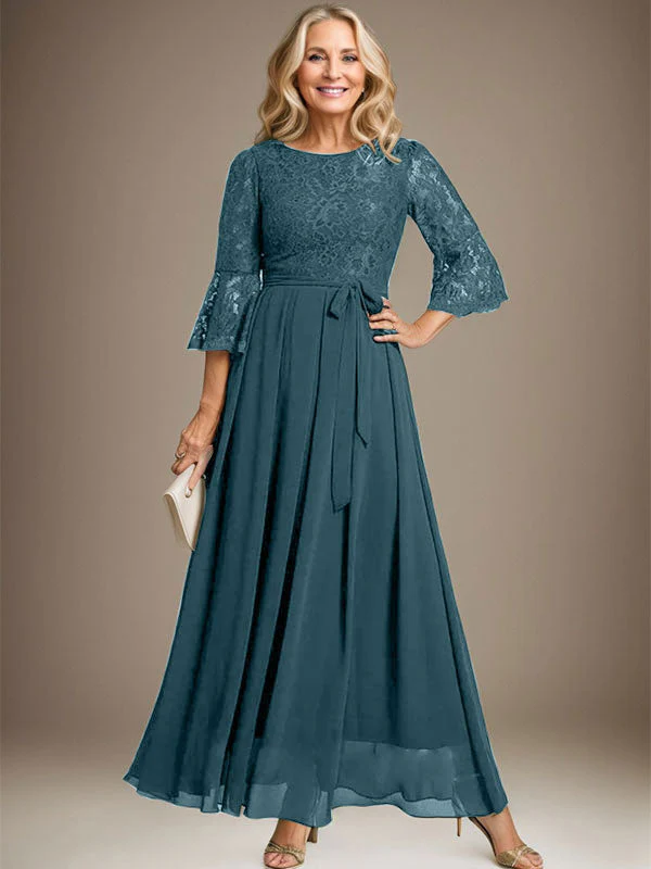 A-line Scoop Ankle-Length Lace Chiffon Mother of the Bride Dress With Bow - Image 30