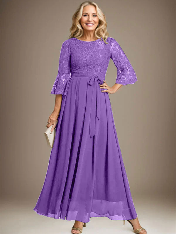 A-line Scoop Ankle-Length Lace Chiffon Mother of the Bride Dress With Bow - Image 32