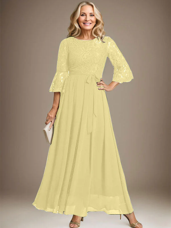 A-line Scoop Ankle-Length Lace Chiffon Mother of the Bride Dress With Bow - Image 41
