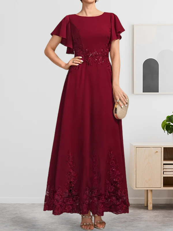 A-line Scoop Ankle-Length Lace Chiffon Mother of the Bride Dress With Sequins - Image 3