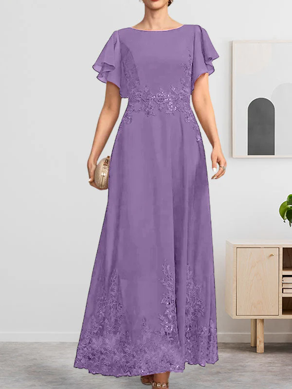 A-line Scoop Ankle-Length Lace Chiffon Mother of the Bride Dress With Sequins - Image 34