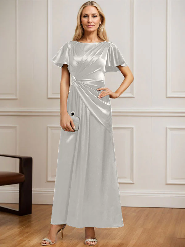 A-line Scoop Ankle-Length Stretch Satin Mother of the Bride Dress With Pleated Beading - Image 29