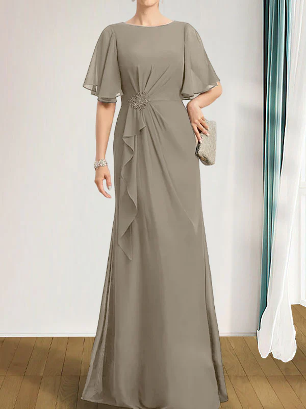 A-line Scoop Floor-Length Chiffon Mother of the Bride Dress With Cascading Ruffles Beading Sequins - Image 45