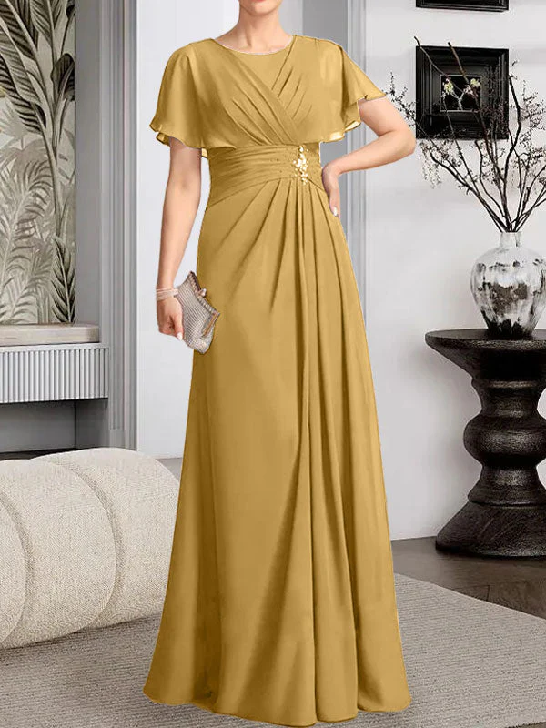 A-line Scoop Floor-Length Chiffon Mother of the Bride Dress With Pleated Beading - Image 17
