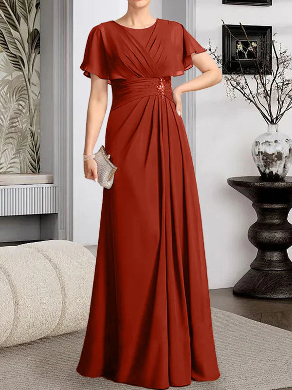 A-line Scoop Floor-Length Chiffon Mother of the Bride Dress With Pleated Beading - Image 35
