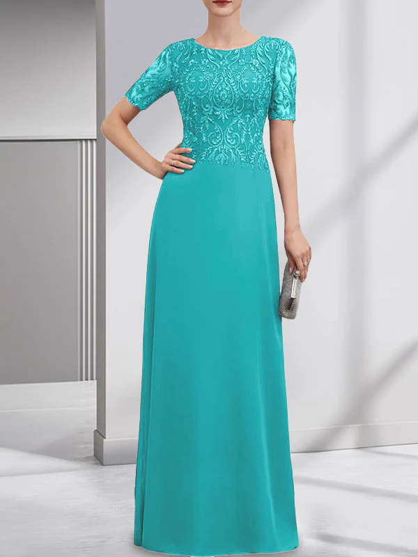 A-line Scoop Floor-Length Lace Chiffon Mother of the Bride Dress With Sequins - Image 43