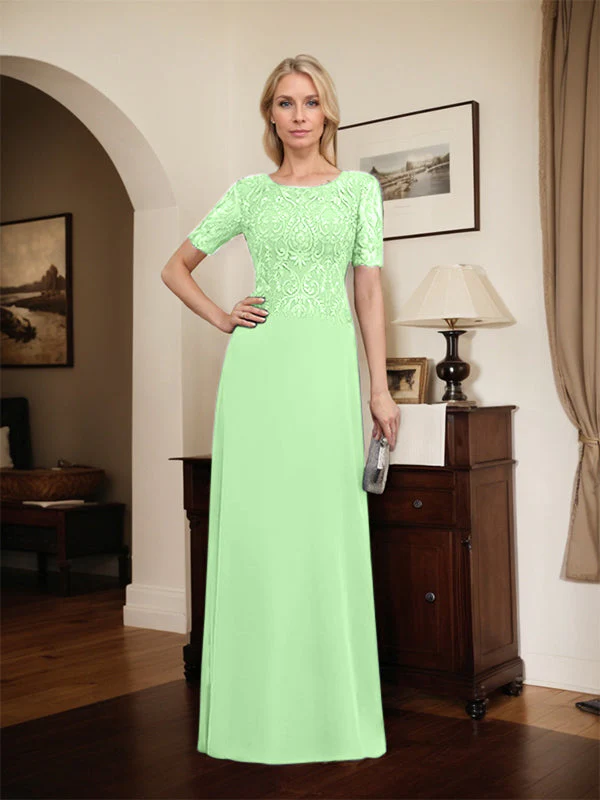 A-line Scoop Floor-Length Lace Chiffon Mother of the Bride Dress With Sequins - Image 49