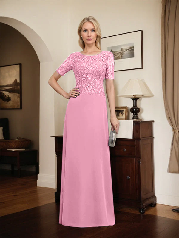 A-line Scoop Floor-Length Lace Chiffon Mother of the Bride Dress With Sequins - Image 56