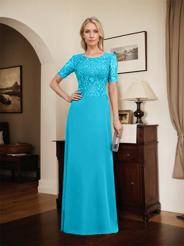 A-line Scoop Floor-Length Lace Chiffon Mother of the Bride Dress With Sequins - Image 67