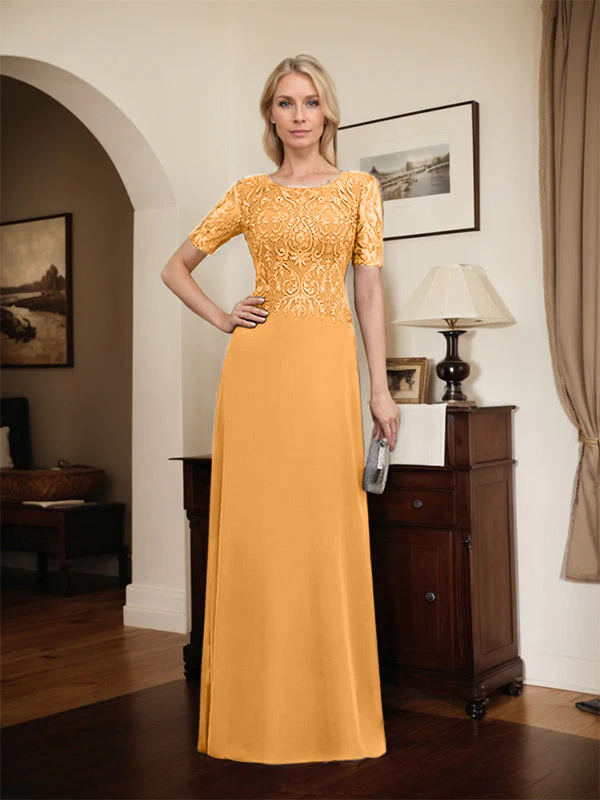 A-line Scoop Floor-Length Lace Chiffon Mother of the Bride Dress With Sequins - Image 72