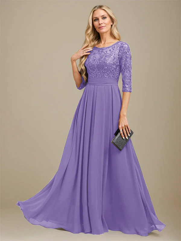 A-Line Scoop Floor-Length Lace Chiffon Mother Of the Bride Dress With Sequins Applique - Image 24