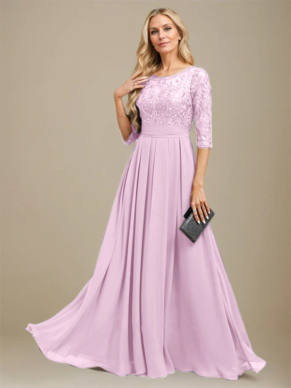 A-Line Scoop Floor-Length Lace Chiffon Mother Of the Bride Dress With Sequins Applique - Image 25