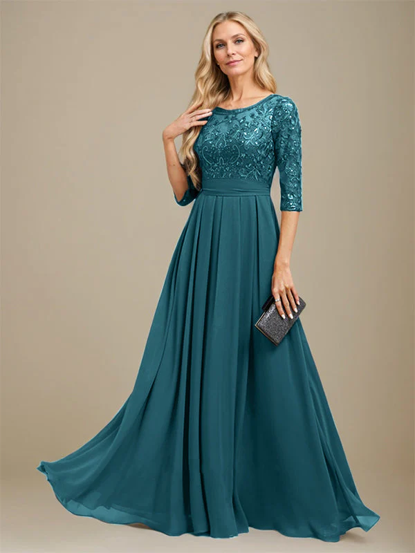 A-Line Scoop Floor-Length Lace Chiffon Mother Of the Bride Dress With Sequins Applique - Image 31