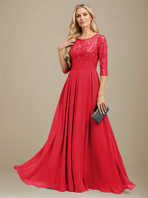 A-Line Scoop Floor-Length Lace Chiffon Mother Of the Bride Dress With Sequins Applique - Image 34