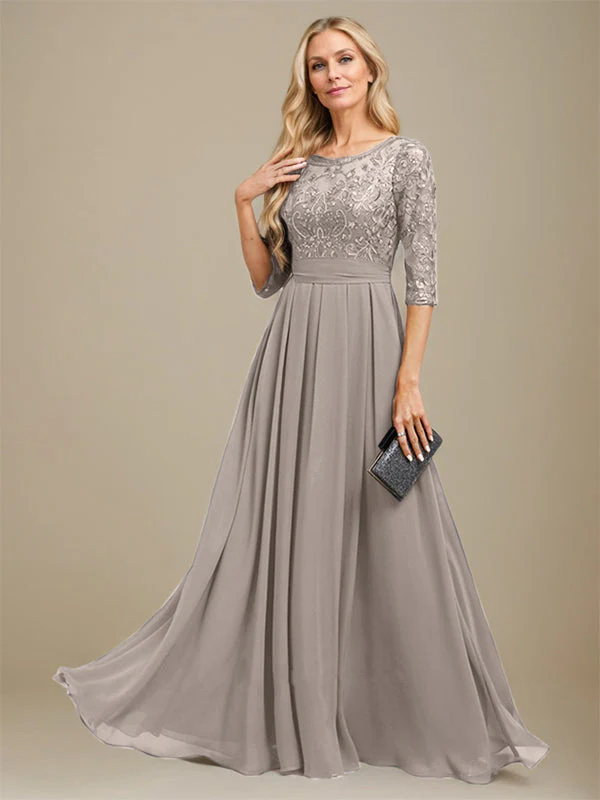 A-Line Scoop Floor-Length Lace Chiffon Mother Of the Bride Dress With Sequins Applique - Image 38