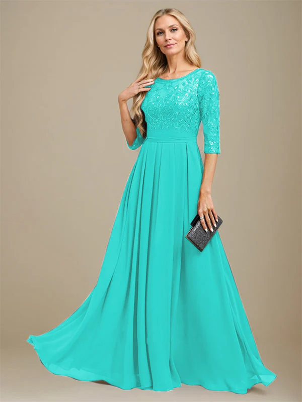 A-Line Scoop Floor-Length Lace Chiffon Mother Of the Bride Dress With Sequins Applique - Image 40