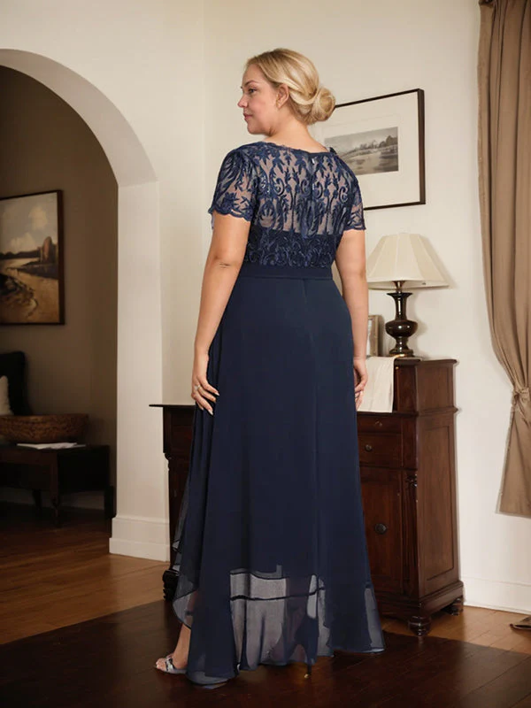 A-line Scoop Illusion Asymmetrical Chiffon Lace Mother of the Bride Dress With Bow Ruffle Sequins - Image 13