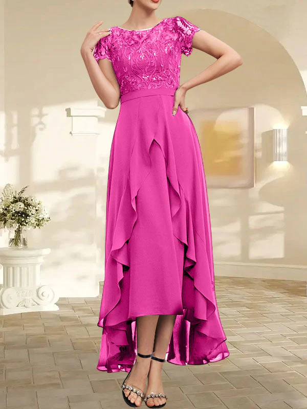 A-line Scoop Illusion Asymmetrical Chiffon Lace Mother of the Bride Dress With Bow Ruffle Sequins - Image 23