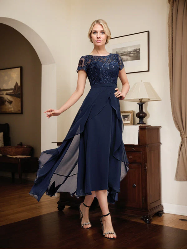 A-line Scoop Illusion Asymmetrical Chiffon Lace Mother of the Bride Dress With Bow Ruffle Sequins - Image 3