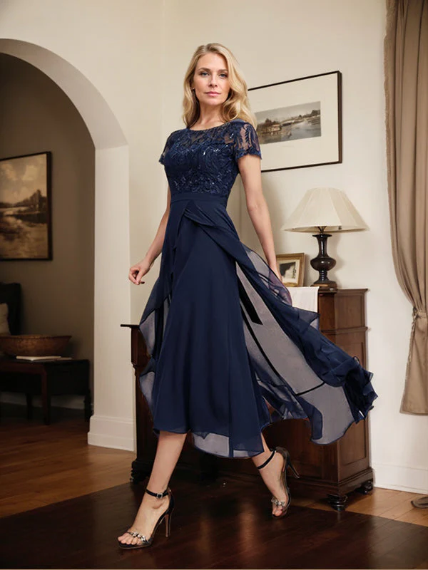 A-line Scoop Illusion Asymmetrical Chiffon Lace Mother of the Bride Dress With Bow Ruffle Sequins - Image 4