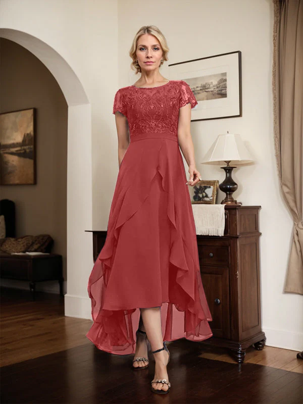A-line Scoop Illusion Asymmetrical Chiffon Lace Mother of the Bride Dress With Bow Ruffle Sequins - Image 59