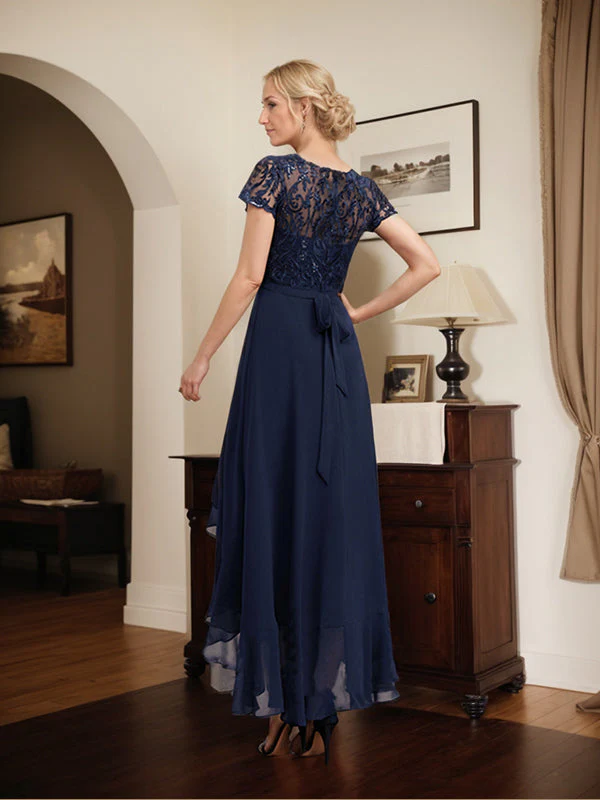 A-line Scoop Illusion Asymmetrical Chiffon Lace Mother of the Bride Dress With Bow Ruffle Sequins - Image 6