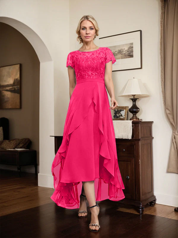 A-line Scoop Illusion Asymmetrical Chiffon Lace Mother of the Bride Dress With Bow Ruffle Sequins - Image 73