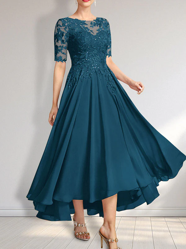 A-line Scoop Illusion Asymmetrical Chiffon Lace Mother of the Bride Dress With Sequins - Image 18