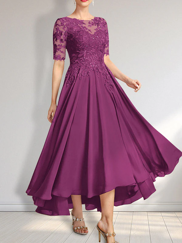 A-line Scoop Illusion Asymmetrical Chiffon Lace Mother of the Bride Dress With Sequins - Image 31
