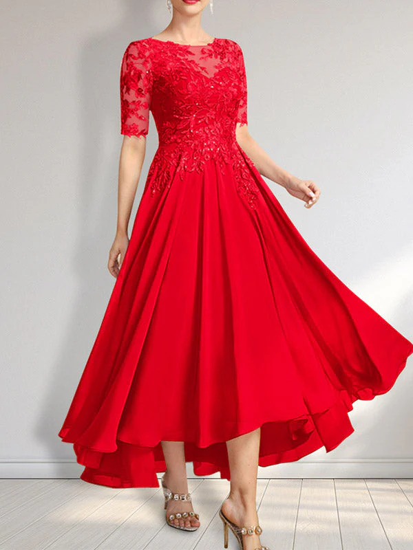 A-line Scoop Illusion Asymmetrical Chiffon Lace Mother of the Bride Dress With Sequins - Image 38