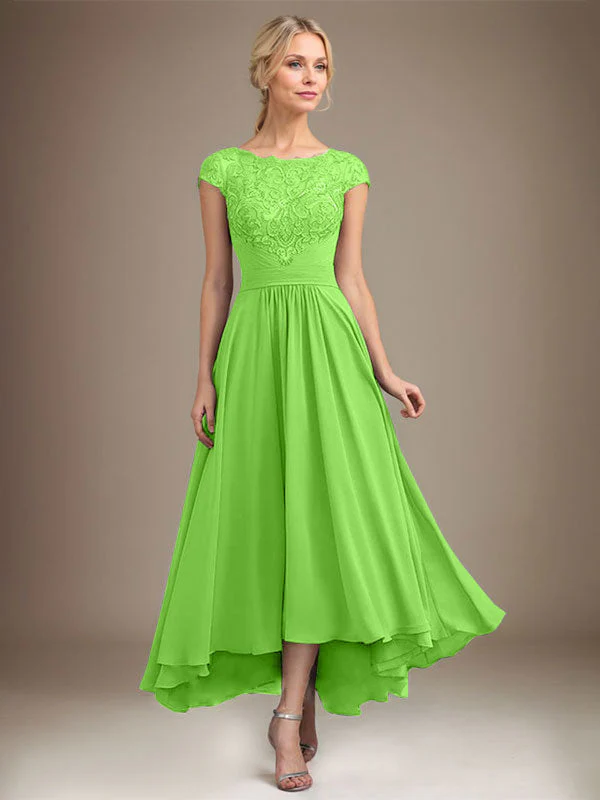 A-line Scoop Illusion Asymmetrical Lace Chiffon Mother of the Bride Dress With Pleated - Image 11