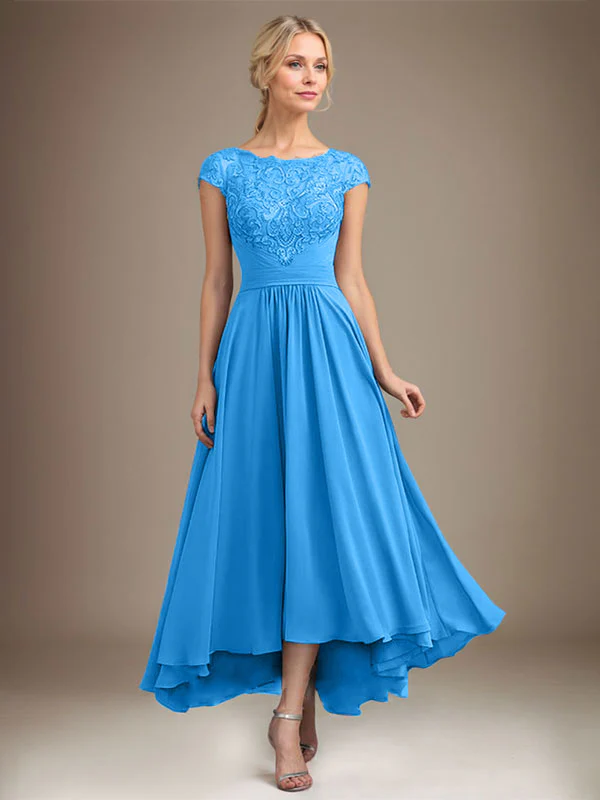 A-line Scoop Illusion Asymmetrical Lace Chiffon Mother of the Bride Dress With Pleated - Image 14