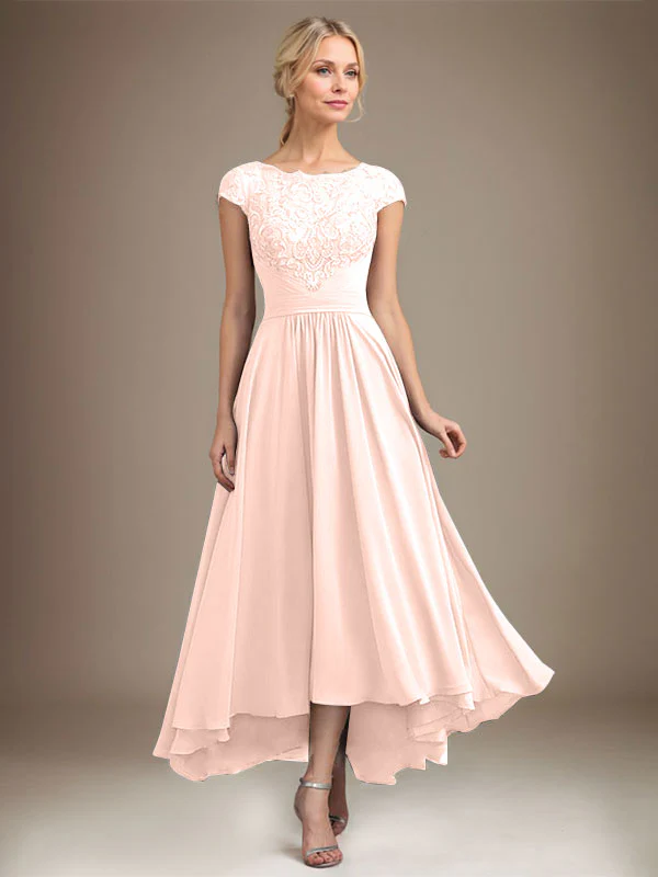 A-line Scoop Illusion Asymmetrical Lace Chiffon Mother of the Bride Dress With Pleated - Image 16