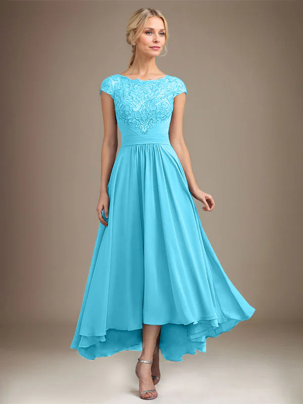 A-line Scoop Illusion Asymmetrical Lace Chiffon Mother of the Bride Dress With Pleated - Image 19