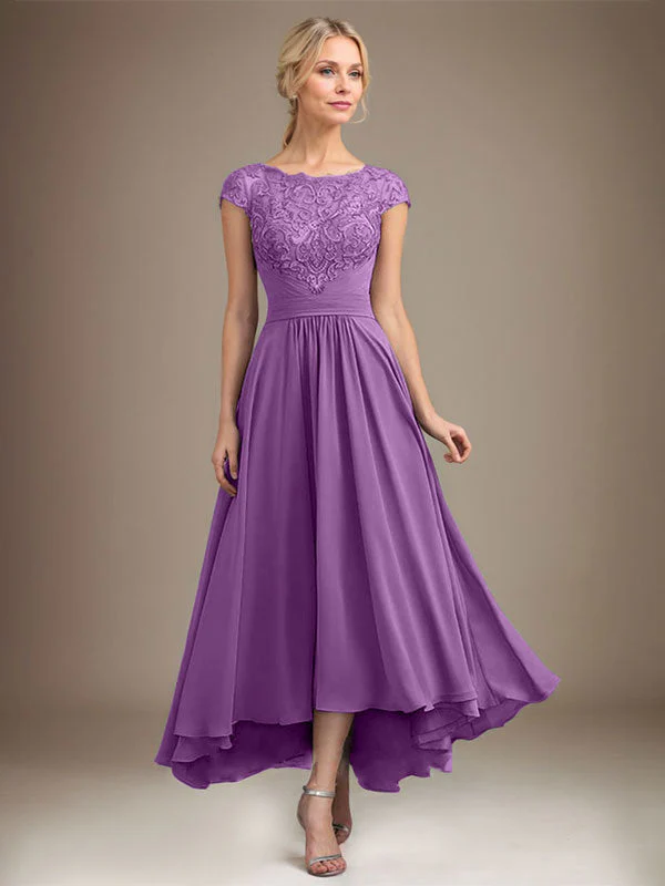 A-line Scoop Illusion Asymmetrical Lace Chiffon Mother of the Bride Dress With Pleated - Image 26