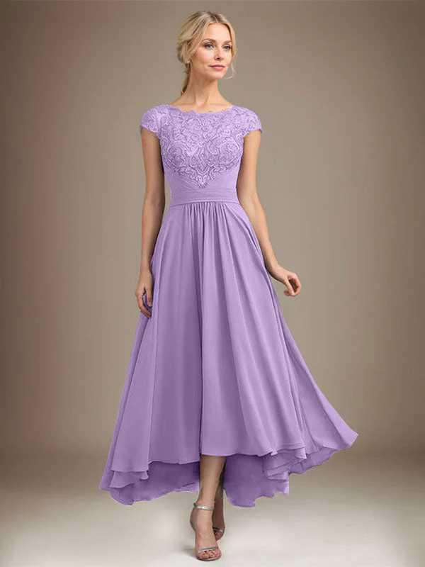 A-line Scoop Illusion Asymmetrical Lace Chiffon Mother of the Bride Dress With Pleated - Image 40