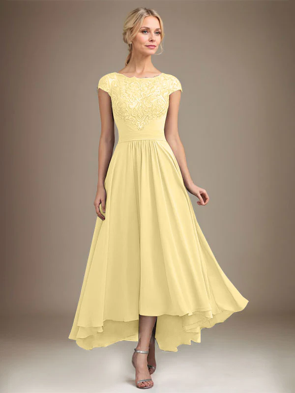 A-line Scoop Illusion Asymmetrical Lace Chiffon Mother of the Bride Dress With Pleated - Image 41