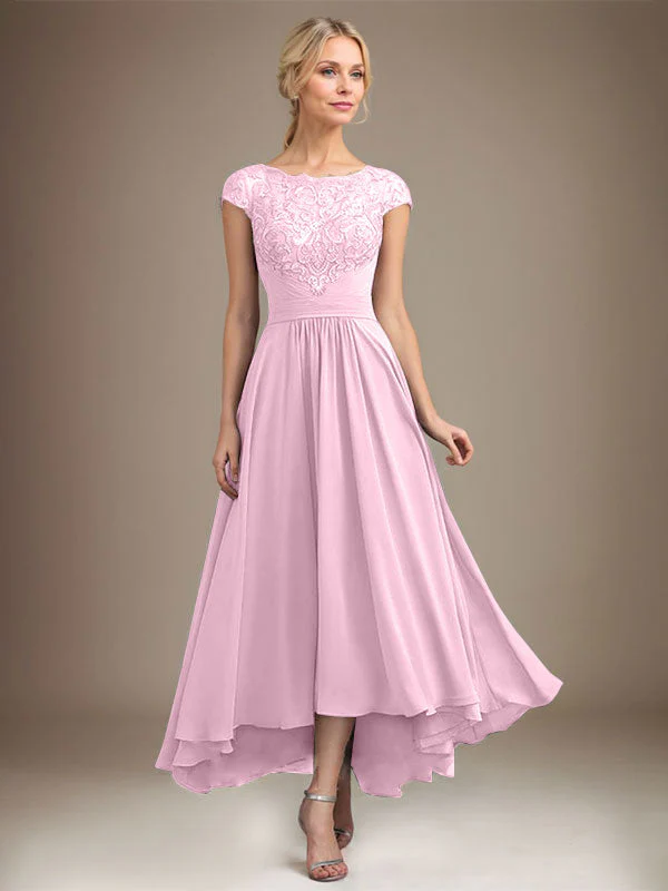 A-line Scoop Illusion Asymmetrical Lace Chiffon Mother of the Bride Dress With Pleated - Image 42