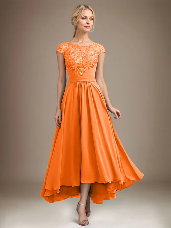 A-line Scoop Illusion Asymmetrical Lace Chiffon Mother of the Bride Dress With Pleated - Image 49