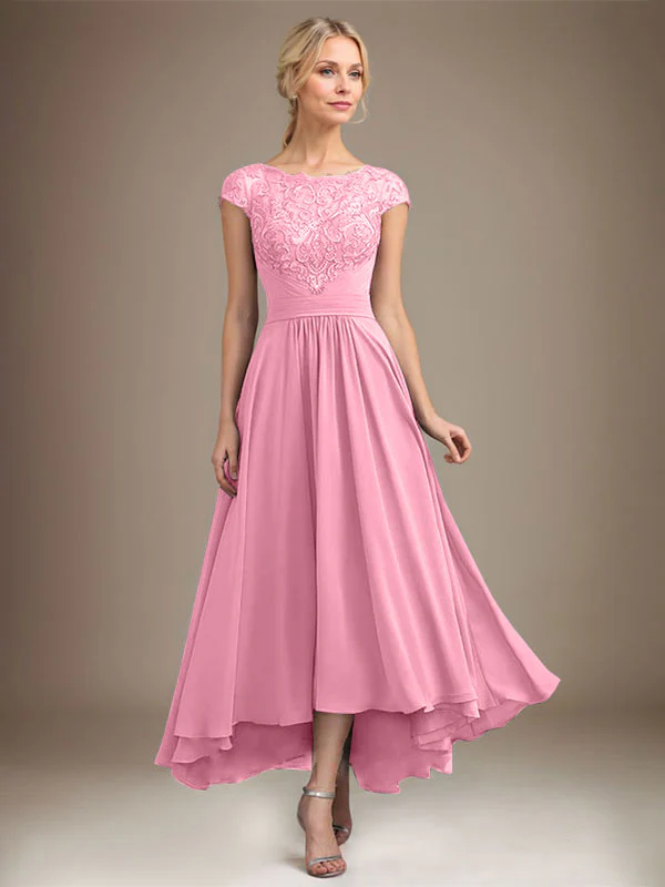 A-line Scoop Illusion Asymmetrical Lace Chiffon Mother of the Bride Dress With Pleated - Image 56
