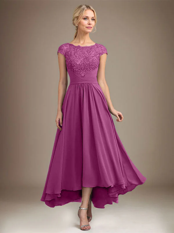 A-line Scoop Illusion Asymmetrical Lace Chiffon Mother of the Bride Dress With Pleated - Image 9