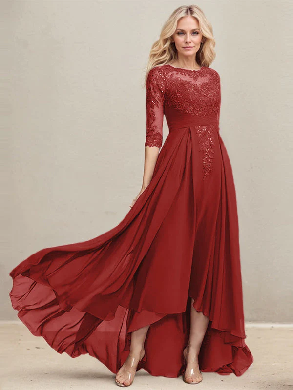 A-line Scoop Illusion Asymmetrical Lace Chiffon Mother of the Bride Dress With Pleated Sequins - Image 35