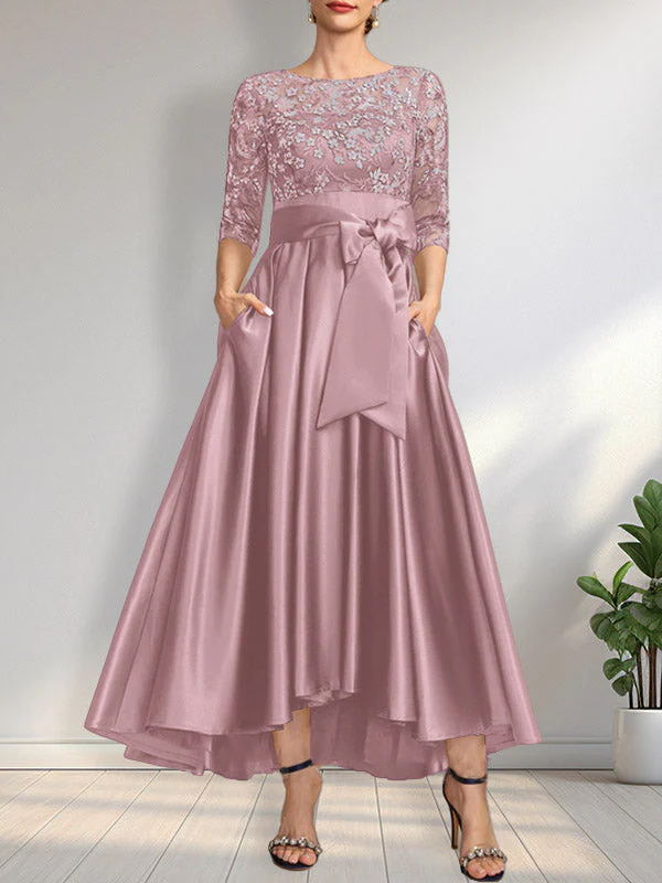 A-line Scoop Illusion Asymmetrical Satin Lace Mother of the Bride Dress With Bow - Image 16