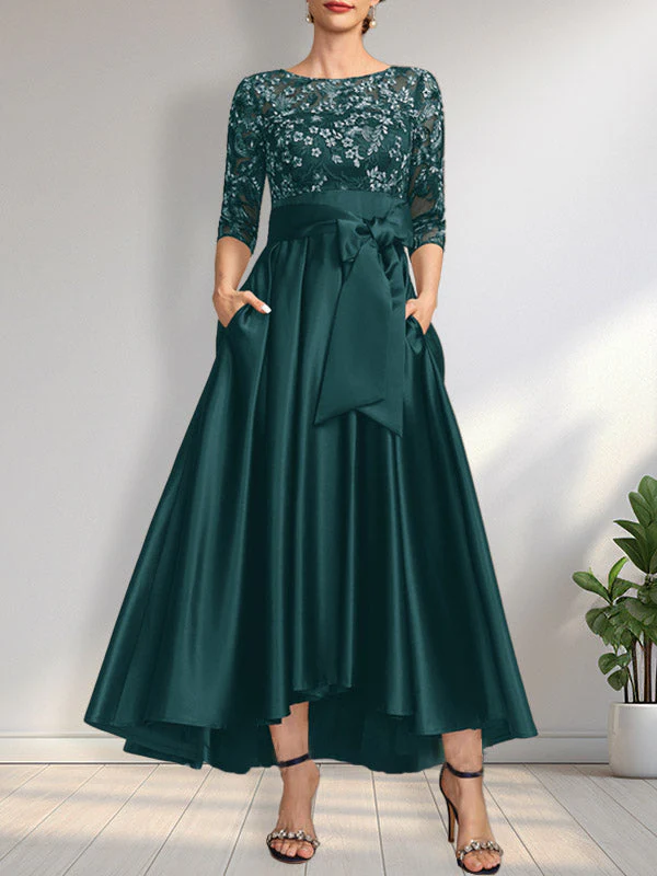 A-line Scoop Illusion Asymmetrical Satin Lace Mother of the Bride Dress With Bow - Image 25