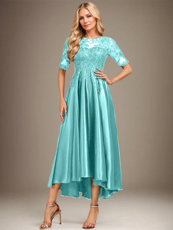 A-line Scoop Illusion Asymmetrical Stretch Satin Lace Mother of the Bride Dress With Sequins - Image 24